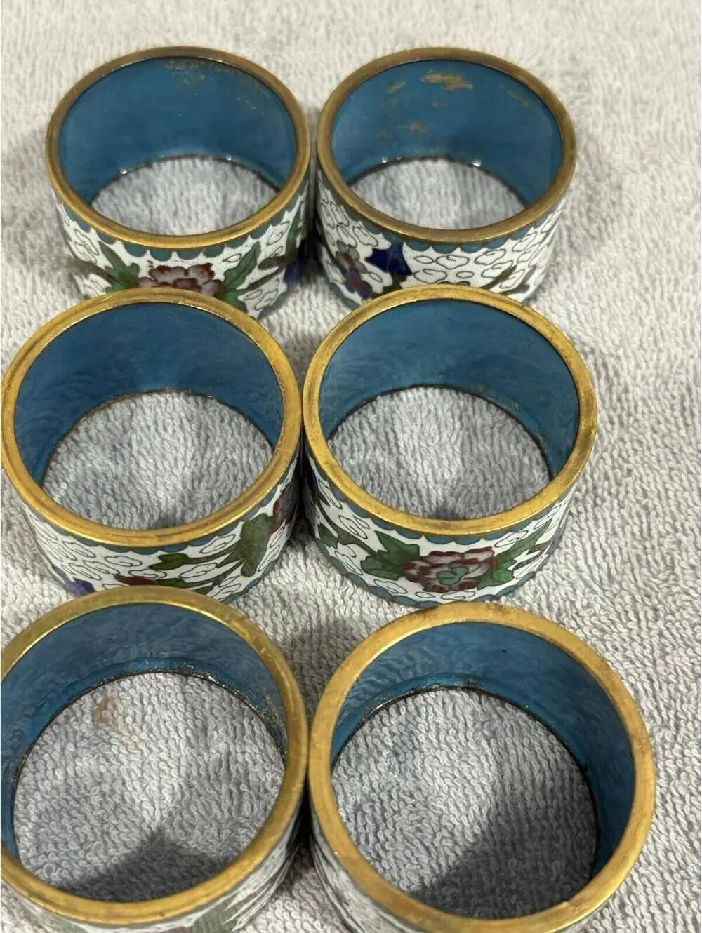 Vintage Cloisonné Enamel Napkin Rings Chinese 6 Red Blue Green Floral